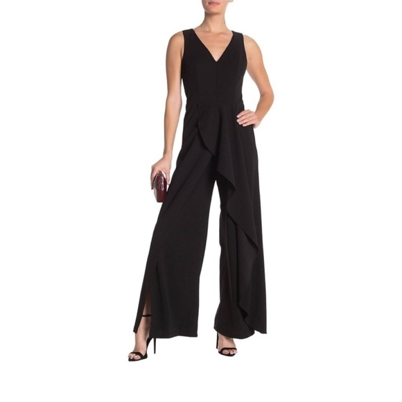 MARINA Pants - Marina 264056 Sleeveless V-Neck Split Ruffle Hem Jumpsuit Black Size 6 NWT
